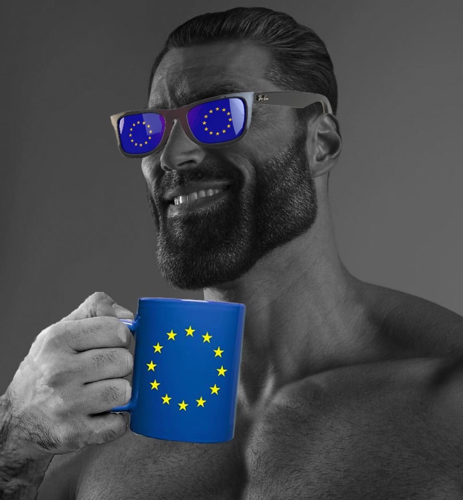 Meme de Chad con una taza azul con la bandera de la UE