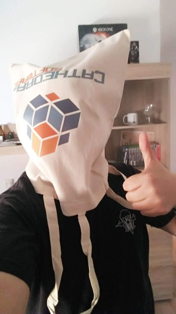 Foto de Juanjo con una totebag en la cabeza